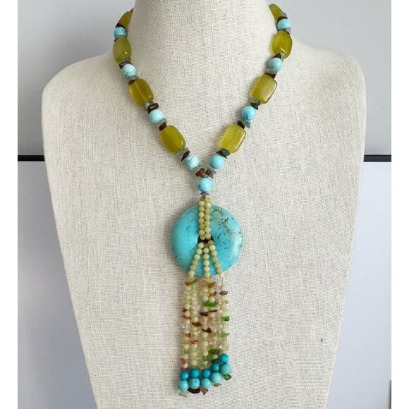 Turquoise Donut Chunky Natural Stone Bohemian Necklace Citrine Amber Sterling - Picture 1 of 12